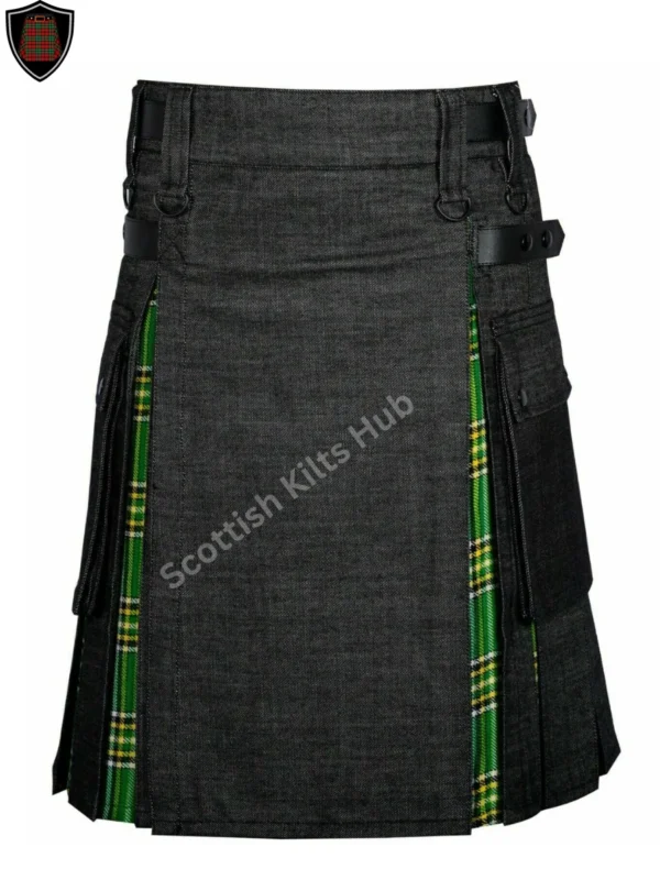 Handmade Black Denim Kilt With Green Irish Tartan for Men by Scottish Kilts Hub