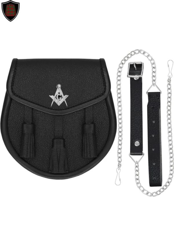 Black Leather Semi Dress Sporran With Masonic Badge