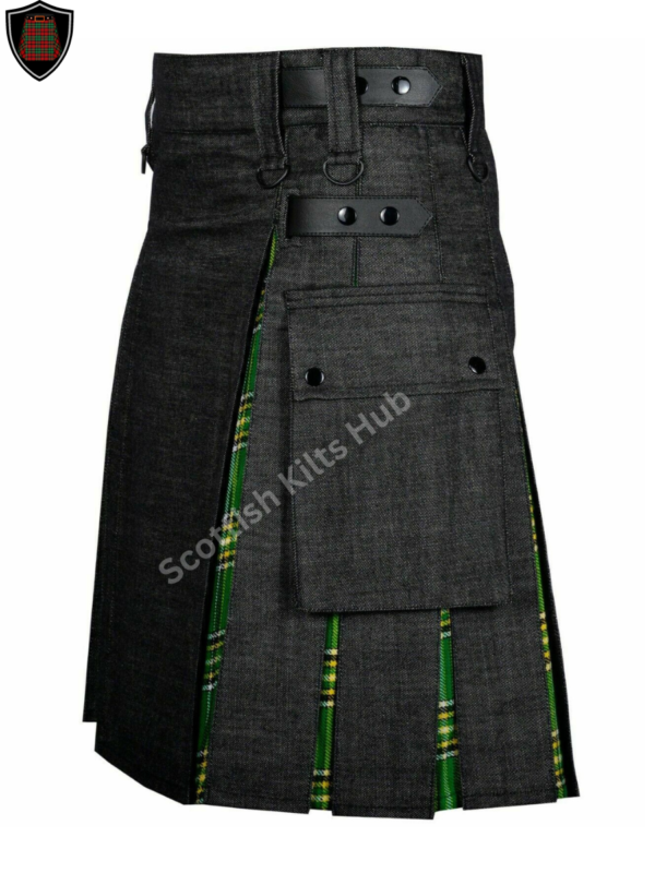 Handmade Black Denim Kilt With Green Irish Tartan for Men by Scottish Kilts Hub