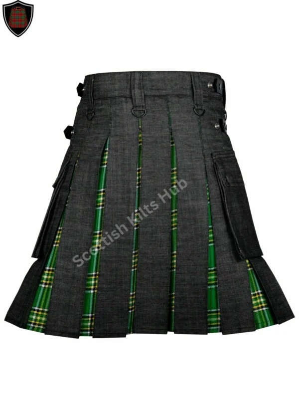 Handmade Black Denim Kilt With Green Irish Tartan for Men by Scottish Kilts Hub