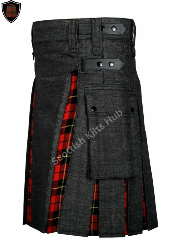 Handmade Black Denim Kilt With Wallace Tartan for Men by Scottish Kilts Hub