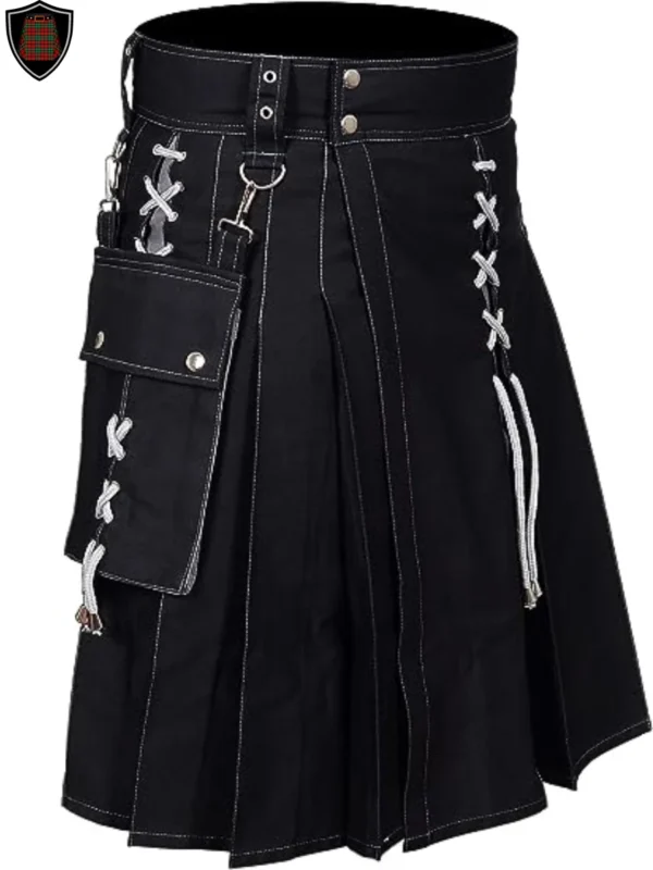 Black and Grey Hybrid Cotton Utility Kilt For Men With Grey Laces