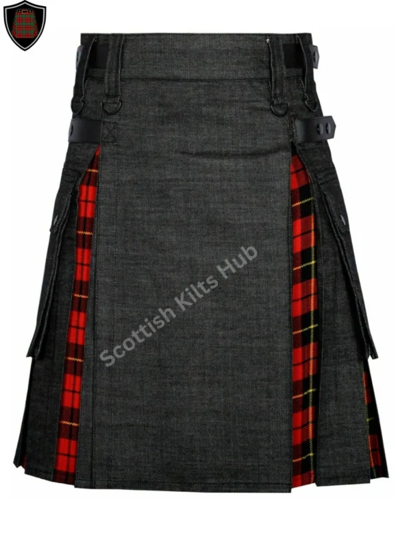 Handmade Black Denim Kilt With Wallace Tartan for Men by Scottish Kilts Hub