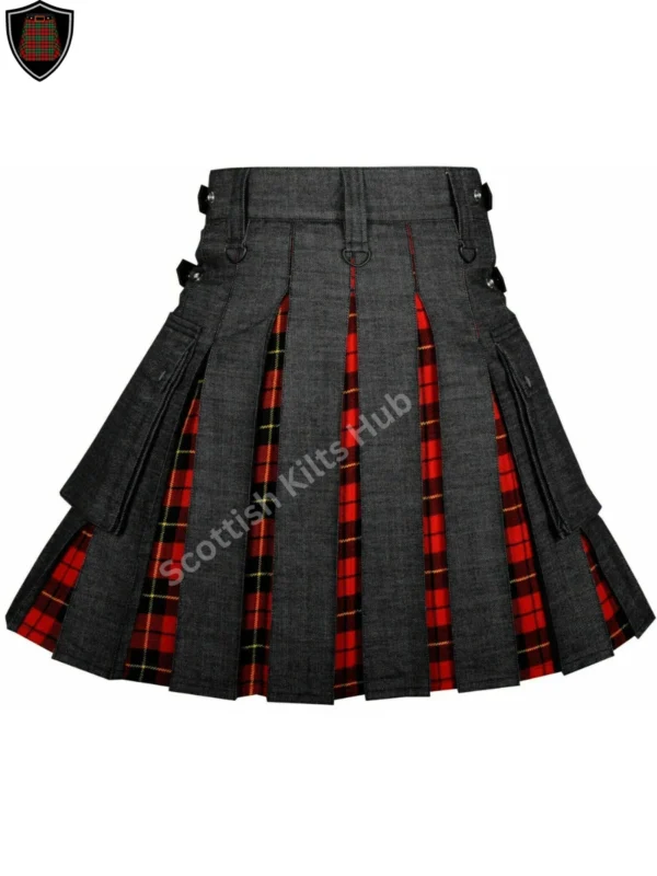 Handmade Black Denim Kilt With Wallace Tartan for Men by Scottish Kilts Hub