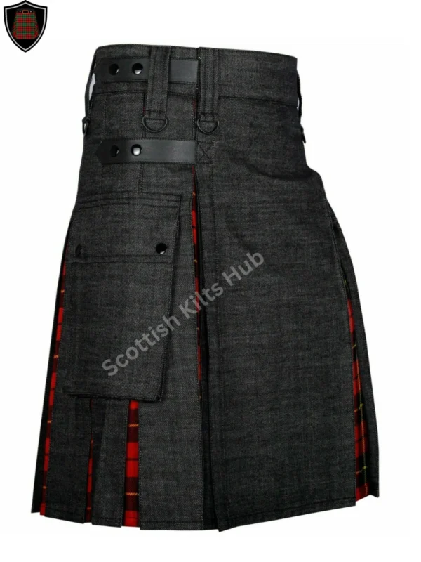 Handmade Black Denim Kilt With Wallace Tartan for Men by Scottish Kilts Hub