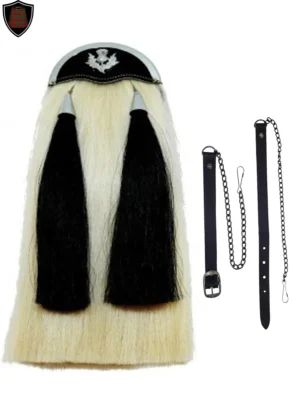 White Horse Hair Sporran with 2 Black Tassels and Thistle Antique Cantle