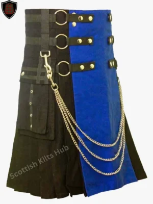 Handmade Black And Blue Gothic Kilt with Silver Chain for Men by Scottish Kilts Hub