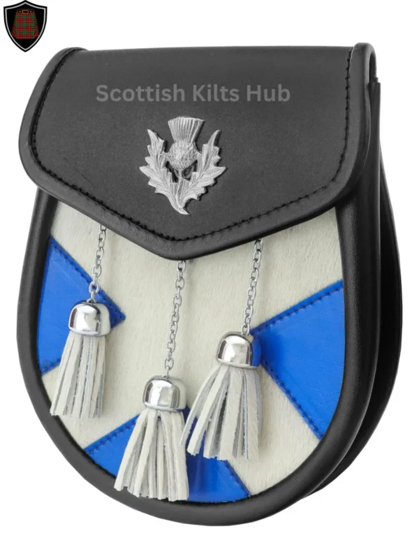 Scotland Flag Leather Sporran With Thistle Badge | Semi Dress Sporran Made of Genuine Leather