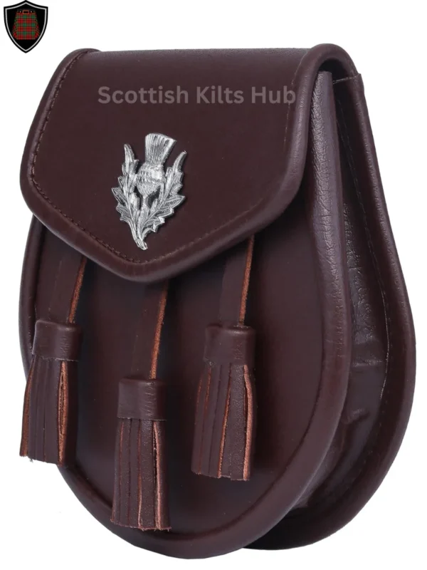 Brown Leather Sporran With Thistle Badge | Semi Dress Sporran Made of Genuine Leather