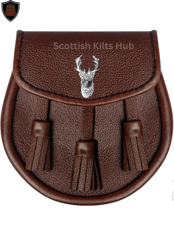 Stag Head Brown Leather Semi Dress Sporran For Kilts | Genuine Leather Sporran