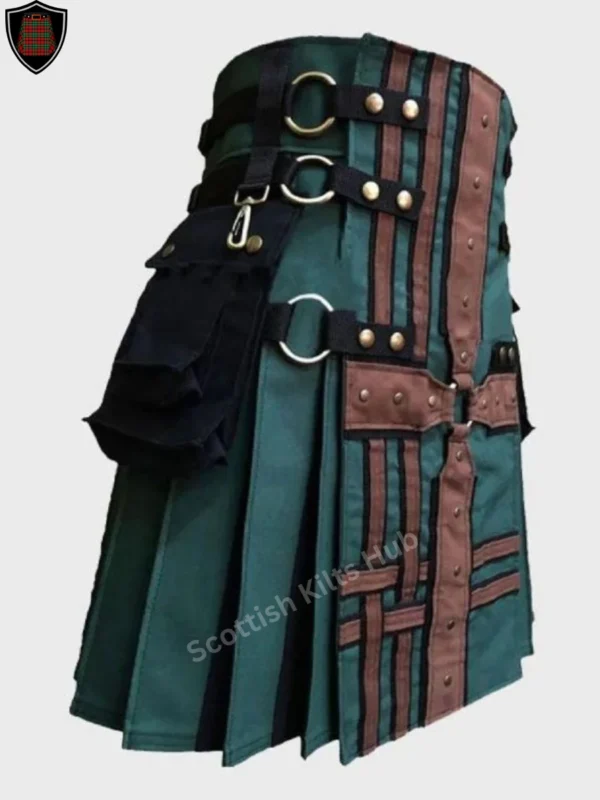 Handmade Green And Brown Hybrid Gothic Utility Kilt for Men by Scottish Kilts Hub