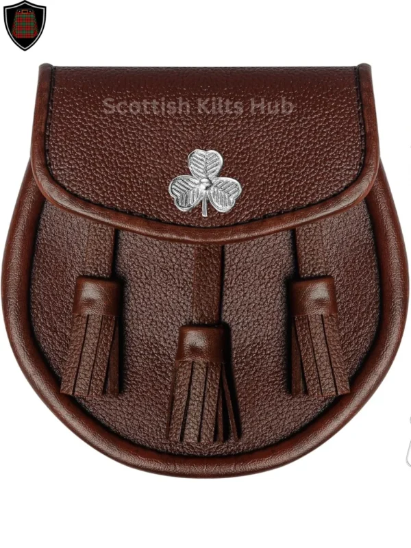 Shamrock Flower Brown Leather Sporran For Kilts | Made of Genuine Leather