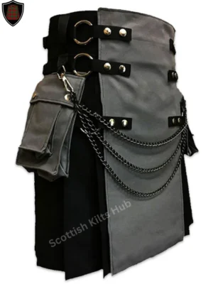 Handmade Black And Grey Gothic Kilt with Silver Chain for Men by Scottish Kilts Hub