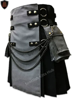 Handmade Black And Grey Gothic Kilt with Silver Chain for Men by Scottish Kilts Hub