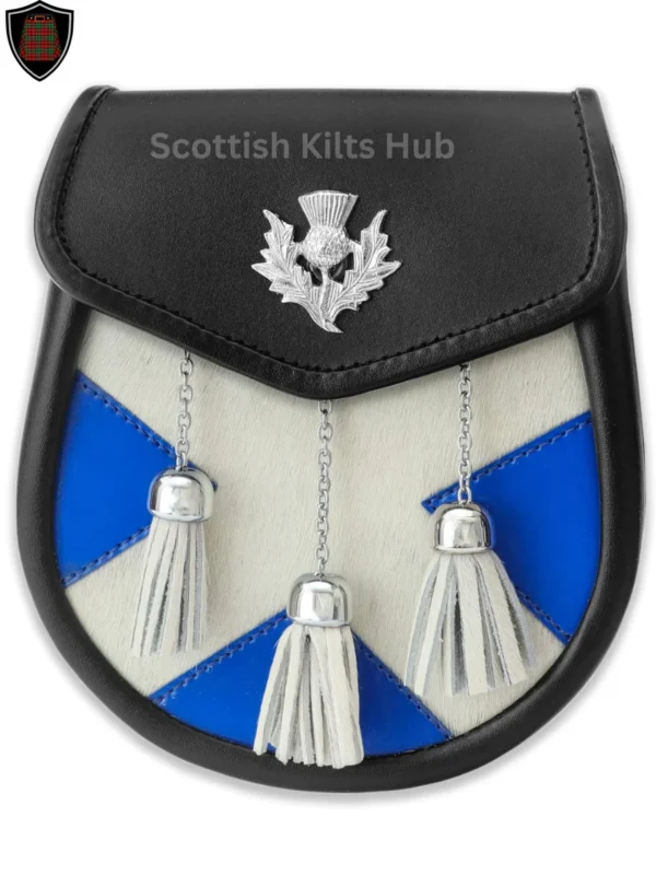 Scotland Flag Leather Sporran With Thistle Badge | Semi Dress Sporran Made of Genuine Leather