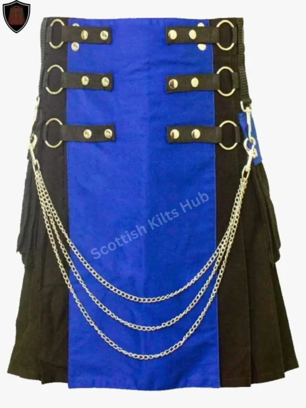 Handmade Black And Blue Gothic Kilt with Silver Chain for Men by Scottish Kilts Hub