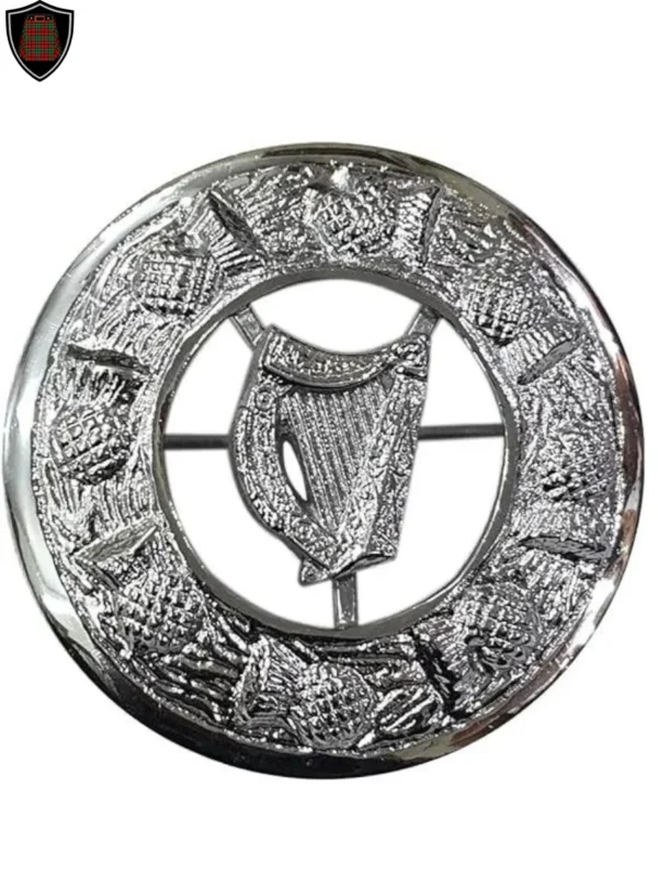 Irish Harp Thistle Brooch - Irish Harp Silver Kilt Plaid Brooch