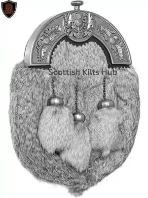 Full Dress Grey Rabbit Fur Sporran with 3 Tassels & Metal Cantle by scottish kilts hub