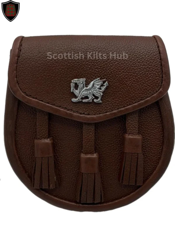 Welsh Dragon Brown Leather Semi Dress Sporran For Kilts | Made of Genuine Leather