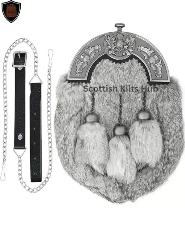 Full Dress Grey Rabbit Fur Sporran with 3 Tassels & Metal Cantle by scottish kilts hub