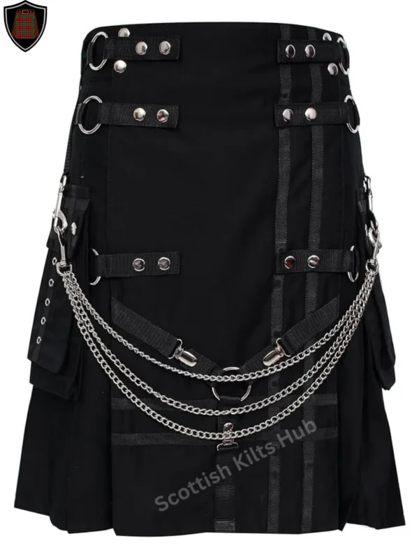 Handmade Black Gothic Punk Utility Kilt with Chains and Metal Buckles for Men by Scottish Kilts Hub