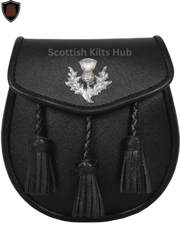 Black Leather Sporran With Thistle Badge | Semi Dress Sporran Made of Genuine Leather