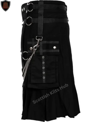 Handmade Black Gothic Punk Utility Kilt with Chains and Metal Buckles for Men by Scottish Kilts Hub