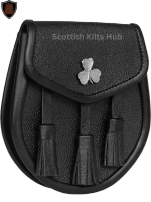 Shamrock Flower Black Leather Sporran For Kilts | Made of Genuine Leather