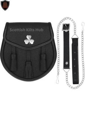 Shamrock Flower Black Leather Sporran For Kilts | Made of Genuine Leather