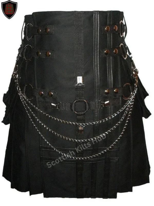 Handmade Black Gothic Utility Kilt With Silver Chains for Men by Scottish Kilts Hub