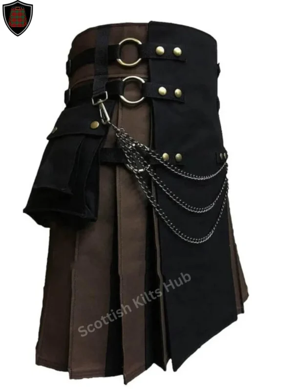 Handmade Black And Brown Gothic Kilt with Silver Chain for Men by Scottish Kilts Hub