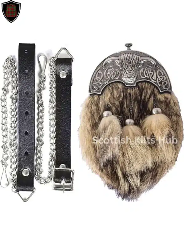 Full Dress Coyote Sporran with Metal Cantle & 3 Chrome Tassels