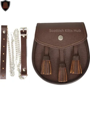 Plain Brown Leather Semi Dress Sporran For Kilts | Genuine Leather Sporran With 3 Tassels