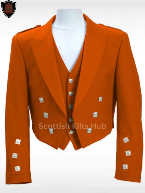 Orange Prince Charlie Kilt Jacket With Vest - Handmade Scottish Wedding Jackets For Men By Scottish Kilts Hub