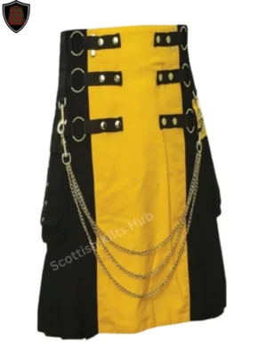 Handmade Black And Yellow Gothic Kilt with Silver Chain for Men by Scottish Kilts Hub