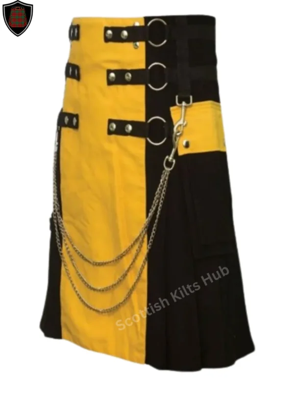 Handmade Black And Yellow Gothic Kilt with Silver Chain for Men by Scottish Kilts Hub