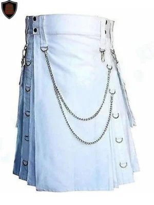 Handmade White Gothic Kilt with Silver Chain for Men by Scottish Kilts Hub