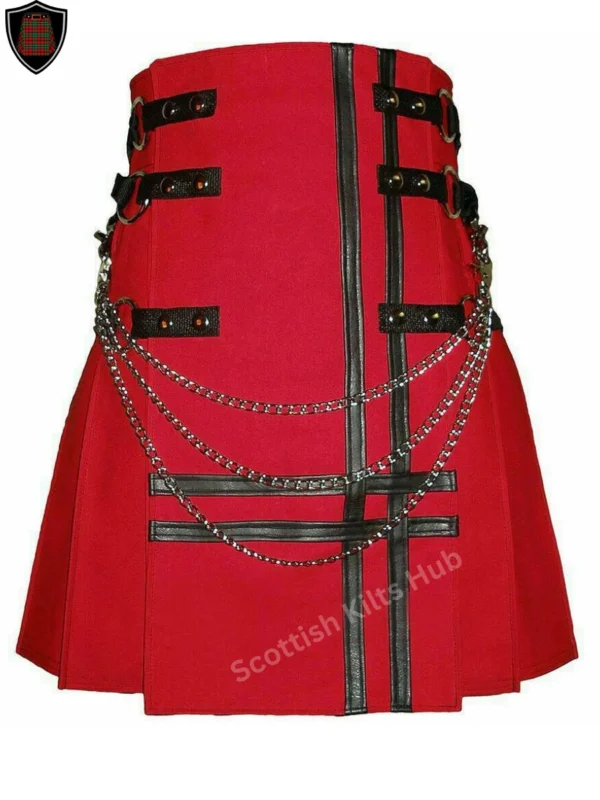 Handmade Red Gothic Kilt with Black Straps and Chains - Handmade Gothic Kilts for Men by Scottish Kilts Hub