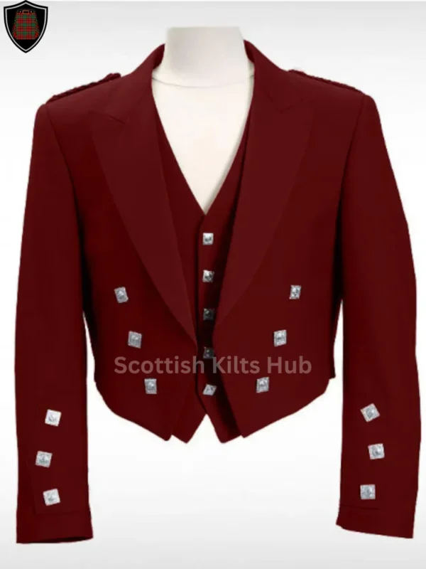 Burgundy Prince Charlie Kilt Jacket With Vest - Handmade Scottish Wedding Jackets For Men By Scottish Kilts Hub