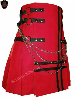 Handmade Red Gothic Kilt with Black Straps and Chains - Handmade Gothic Kilts for Men by Scottish Kilts Hub