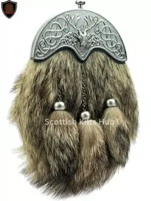 Full Dress Coyote Sporran with Stag Head Cantle & 3 Chrome Tassels