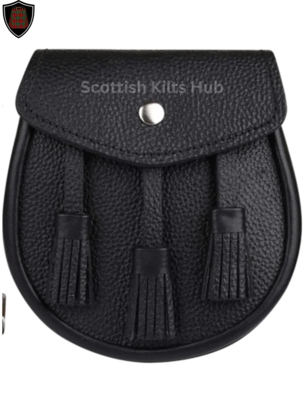 Plain Black Leather Semi Dress Sporran For Kilts | Genuine Leather Sporran With 3 Tassels