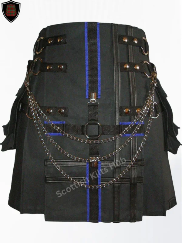 Handmade Black And Blue Gothic Utility Kilt With Chains for Men by Scottish Kilts Hub