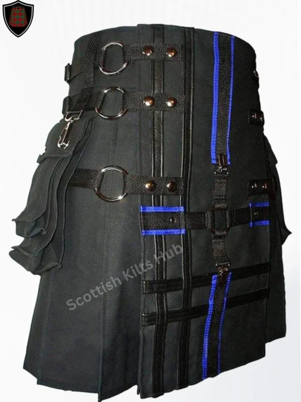 Handmade Black And Blue Gothic Utility Kilt With Chains for Men by Scottish Kilts Hub