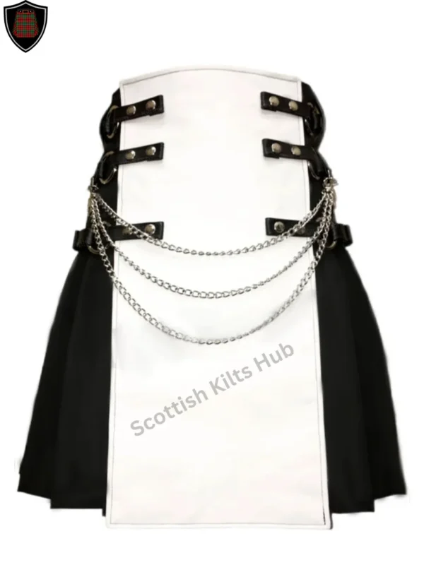 Handmade Black And White Gothic Kilt With Chains for Men by Scottish Kilts Hub