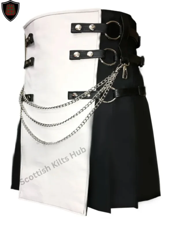 Handmade Black And White Gothic Kilt With Chains for Men by Scottish Kilts Hub