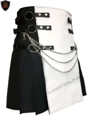 Handmade Black And White Gothic Kilt With Chains for Men by Scottish Kilts Hub