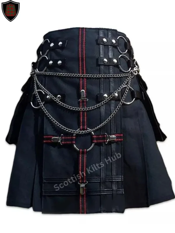 Handmade Black Gothic Utility Kilt With Silver Chains and Red Accent Stripes for Men by Scottish Kilts Hub