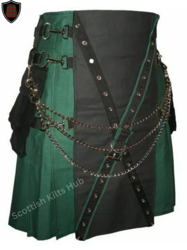 Handmade Black And Green Gothic Kilt With Chains for Men by Scottish Kilts Hub