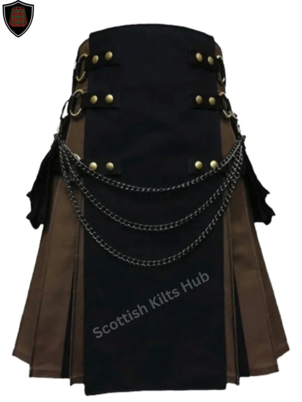 Handmade Black And Brown Gothic Kilt with Silver Chain for Men by Scottish Kilts Hub